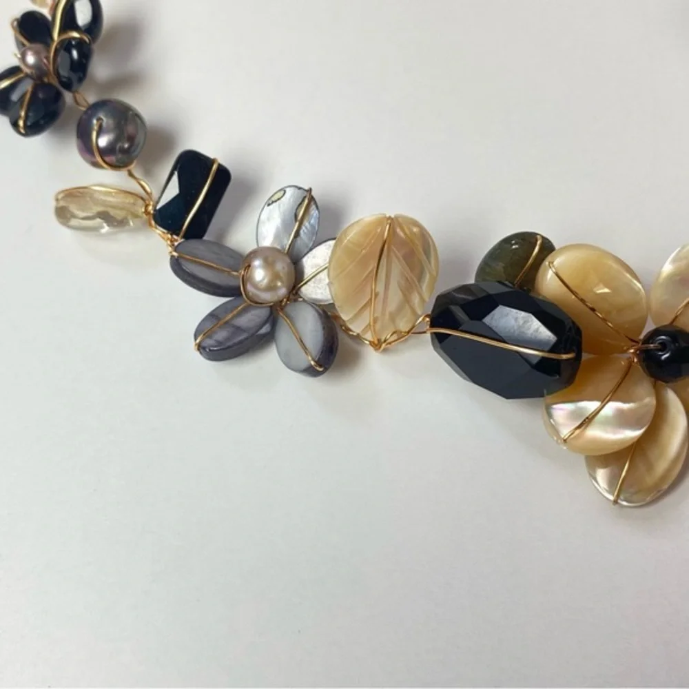 Abra Couture Handmade Natural Shell Beiges Gem Flower Collar GW Artisan Necklace